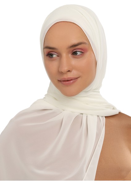 Hazır Lüks Pratik Hijablı Şifon Şal-Ekru