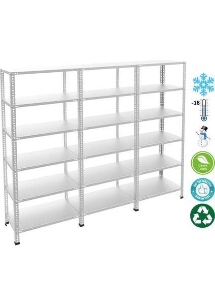 6 Katlı 3'lü Bitişik Paslanmaz Krom Raf - Inox Soğuk Oda Rafı, Buzhane Rafı - 43x75 cm-200 cm-1.00 mm