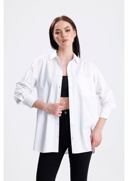 Kadın Beyaz Oversize Likralı Pamuklu Cepli Uzun kol gömlek modelleri