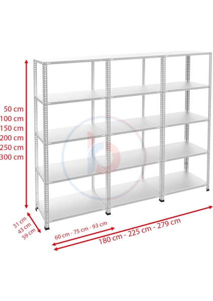 5 Katlı 3'lü Bitişik Paslanmaz Krom Raf - Inox Soğuk Oda Rafı, Buzhane Rafı - 59x75 cm-100 cm-1.00 mm