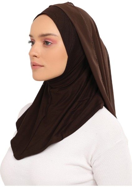 Hazır Lüks Pratik Hijablı Şifon Şal-Kahverengi