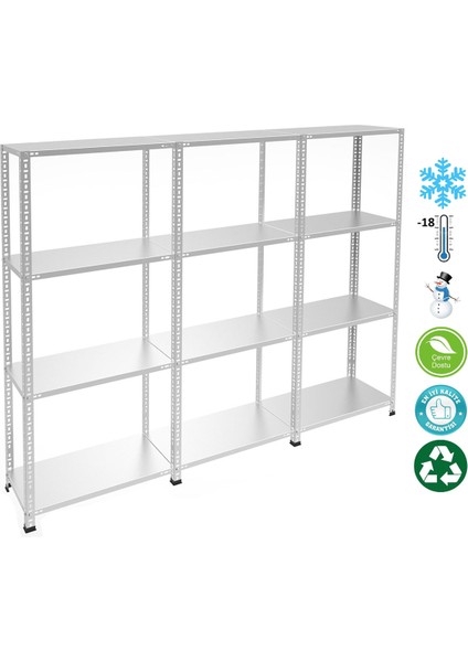 4 Katlı 3'lü Bitişik Paslanmaz Krom Raf - Inox Soğuk Oda Rafı, Buzhane Rafı - 31x60 cm-100 cm-0.70 mm