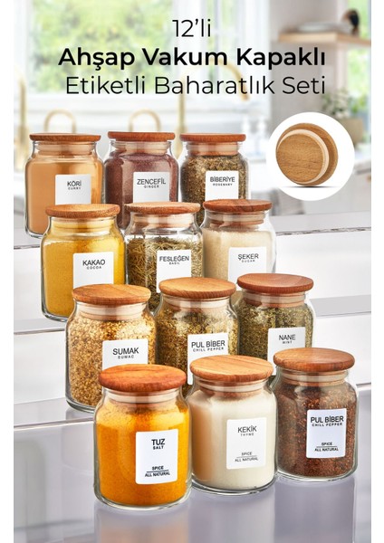 Myrina Etiketli 12'li Ahşap Vakumlu Kapaklı Baharatlık Takımı 300ML X12