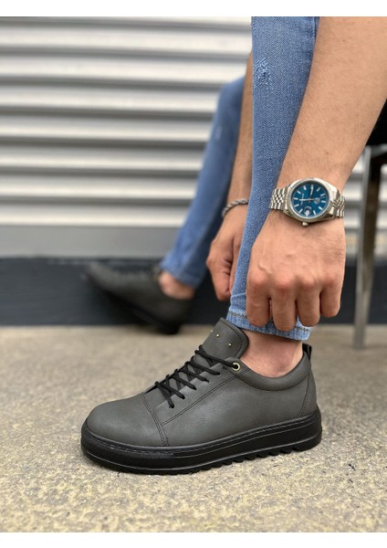 JY152 Cool Bağcıklı Cilt Erkek Günlük Spor Klasik Ayakkabı Cst - Füme