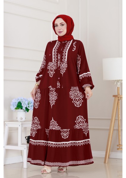 Yarım Düğmeli Robalı Beyza Elbise-Bordo