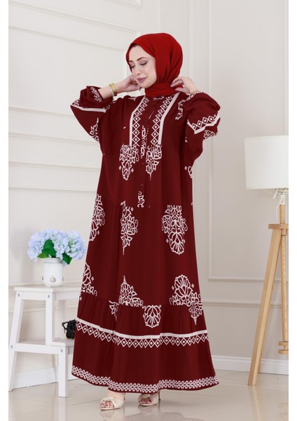 Yarım Düğmeli Robalı Beyza Elbise-Bordo fiyatları
