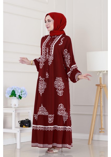 Yarım Düğmeli Robalı Beyza Elbise-Bordo modelleri