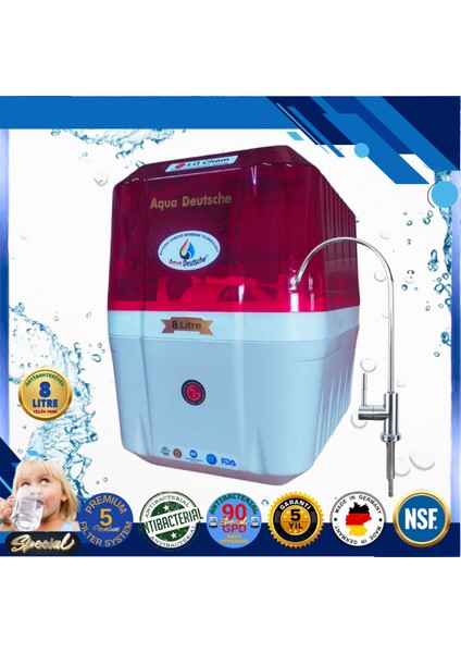 Specıal 8 Litre Antibakteriyel Çelik Tanklı 90 Gpd Nano Membranlı Gümüş Iyon Kompozit Tatlandırıcılı Su Arıtma Cihazı