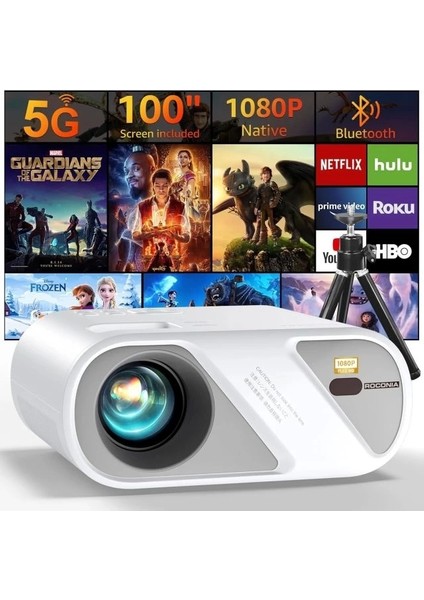 5g Wifi Bluetooth Yerel 1080P Projektör White