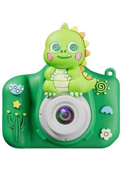 XJ01 2,0 Inç Hd Çift Kameralı Dijital Kamera, 32GB Kart ve Okuyucu ile Çizgi Film Çocuk Kamerası-Yeşil Dinozor (Yurt Dışından)
