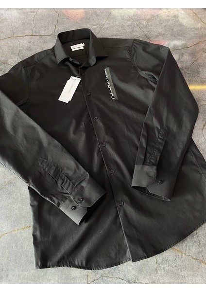 Slim Kesim Göğüs Baskılı Gömlek