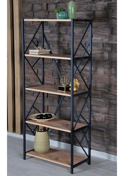 5 Katlı Kitaplık - Metal Ayaklı Ahşap Kitaplık, Dekoratif Raf - Meşe