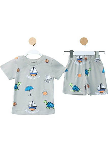Erkek Bebek Gri Yelkenli Desenli Şortlu 2'li Takım - 1013607