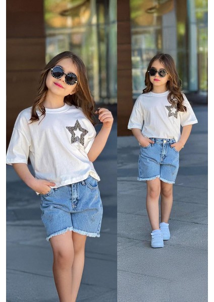 Yıldız Taş Desenli Kot Şortlu Kız çocuk takım - Mavi