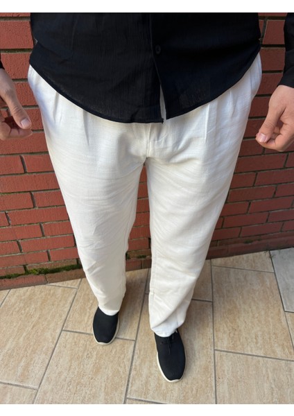 Keten Kumaş Fermuarlı Düğmeli Baggy Pantolon