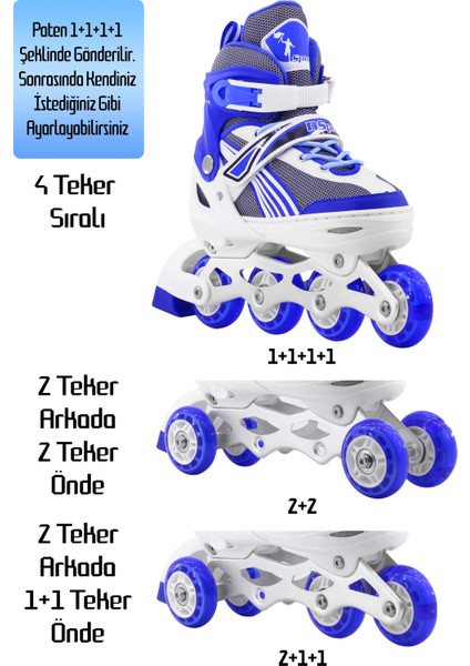 Metal Taban Paten Işıklı Ayarlanabilir Tekerli ve Bedenli Alıştırma Çocuk Genç Pateni Mavi 8780 34-37