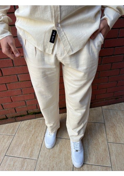 Keten Kumaş Fermuarlı Düğmeli Baggy Pantolon