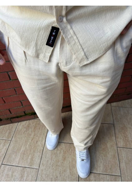 Keten Kumaş Fermuarlı Düğmeli Baggy Pantolon