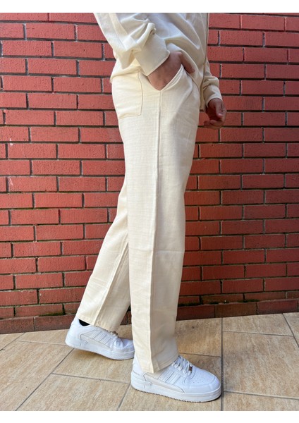 Keten Kumaş Fermuarlı Düğmeli Baggy Pantolon