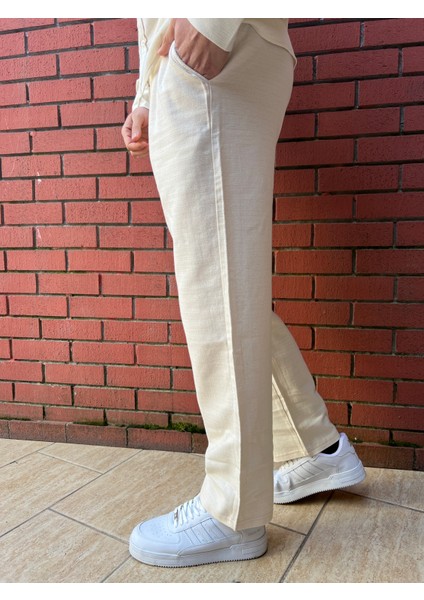 Keten Kumaş Fermuarlı Düğmeli Baggy Pantolon
