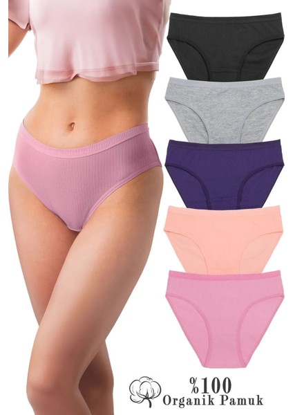 Kadın 5’li Organik Pamuk Bikini Külot Siyah, Lacivert, Yavruağzı, Gül Kurusu, Gri Bk2-A1