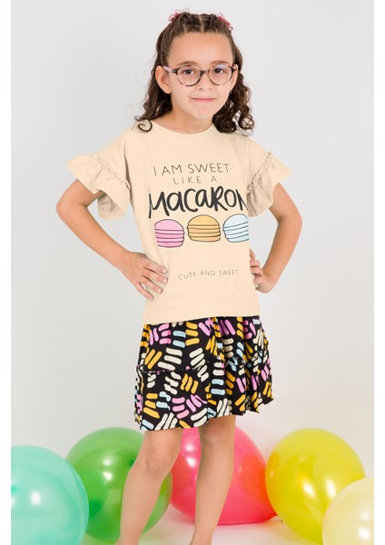 Kız Çocuk Tshirt Etek Takım Makaron Baskılı B23