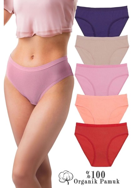 Kadın 5’li Organik Pamuk Bikini Külot Lacivert, Ten, Gülkurusu, Kırmızı, Yavruağzı Bk2-A6