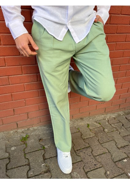 Keten Kumaş Fermuarlı Düğmeli Baggy Pantolon