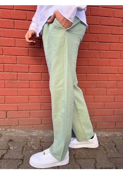Keten Kumaş Fermuarlı Düğmeli Baggy Pantolon