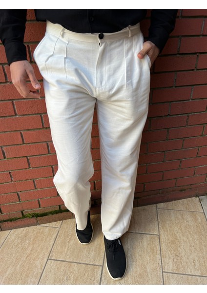 Keten Kumaş Fermuarlı Düğmeli Baggy Pantolon