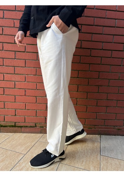 Keten Kumaş Fermuarlı Düğmeli Baggy Pantolon