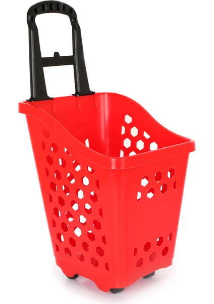 40 Lt Tekerlekli Plastik Alışveriş Sepeti - Market Sepeti - Kırmızı