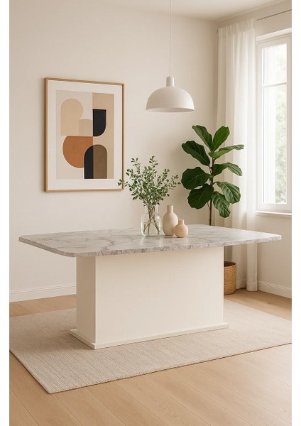 Etna Salon Yemek Masası - Beyaz&mermer Aytaşı