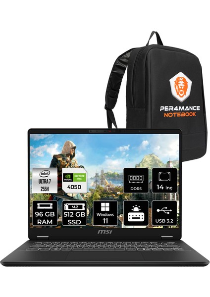 Msı Prestigepro 14 Aı Intel Core Ultra 7 255H 96GB 512GB SSD RTX4050/6GB 14" Fhd+ 144Hz Windows 11 Pro Taşınabilir Bilgisayar & Per4 Çanta C2HVEG076TRP417