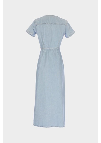 Açık Mavi Kruvaze Biyeli Kapamalı Maxi Boy Slim Fit Jean Elbise C 4676-069 modelleri