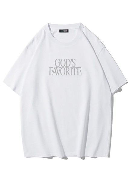 Unisex Oversize God's Favorite Kristal Taş Baskılı T-Shirt Beyaz