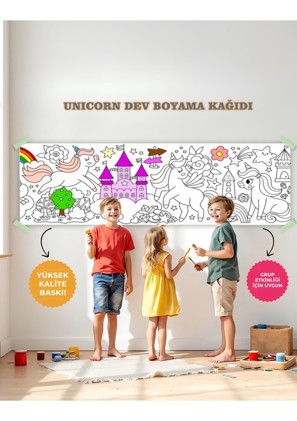 Şatolu Unıcorn Temalı Dev Boyama Kağıdı 2,5 Metre Rulo Boyama Kağıdı Çocuk Anaokulu ve Kreşler İçin Aktivite Çocuk Eğitici Boyama