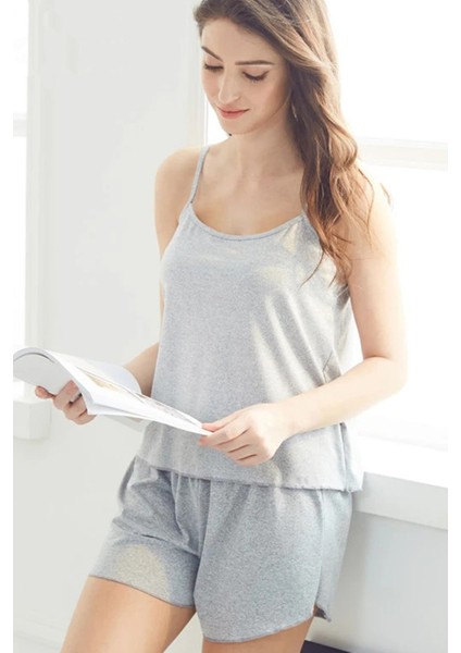 Kadın Gri Şortlu Penye Gecelik Takımı