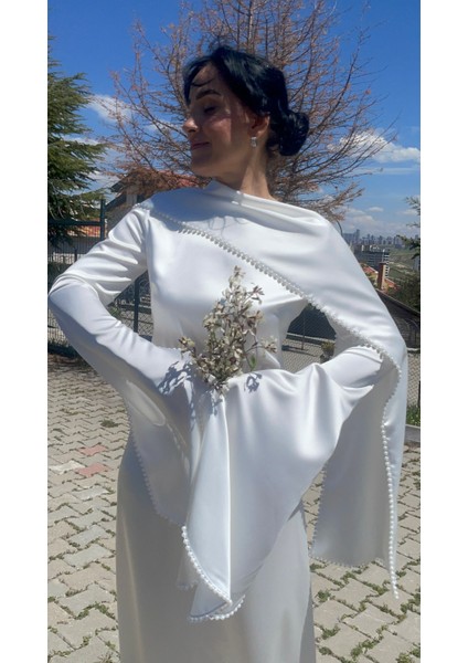 Uzun Kuşaklı Inci Detaylı Beyaz Saten Elbise modelleri