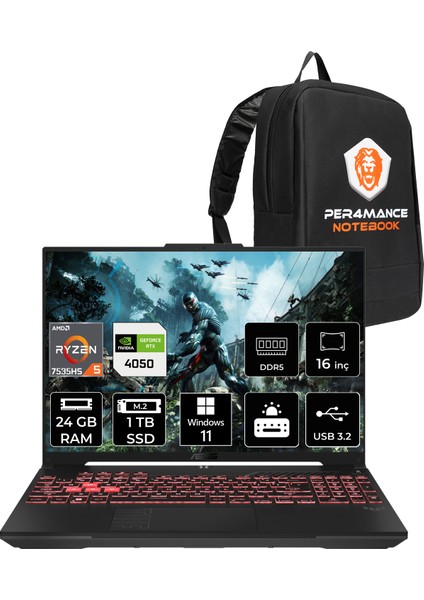 Tuf Gaming A16 Amd Ryzen 5 7535HS 24GB 1tb SSD RTX4050/6GB 140W 16" Fhd+ 144Hz Windows 11 Home Taşınabilir Bilgisayar & Per4 Çanta FA607NURL095P353