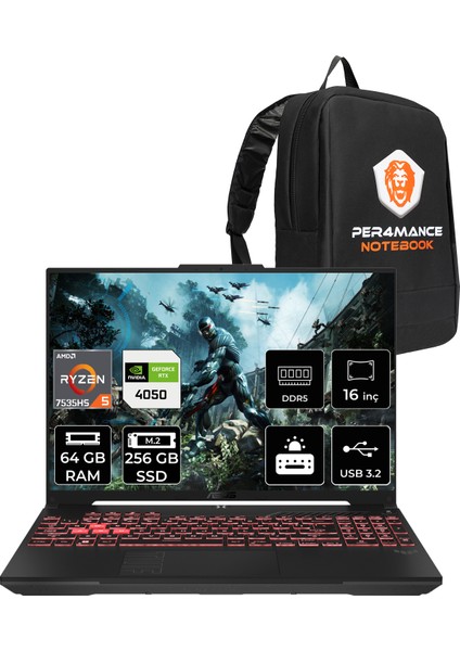 Tuf Gaming A16 Amd Ryzen 5 7535HS 64GB 256GB SSD RTX4050/6GB 140W 16" Fhd+ 144Hz Freedos Taşınabilir Bilgisayar & Per4 Çanta FA607NURL095P331