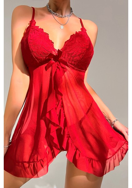 Kadın Kırmızı Dantelli, Fırfırlı Tül ve Fiyonk Detaylı Tangalı Gecelik Takımı
