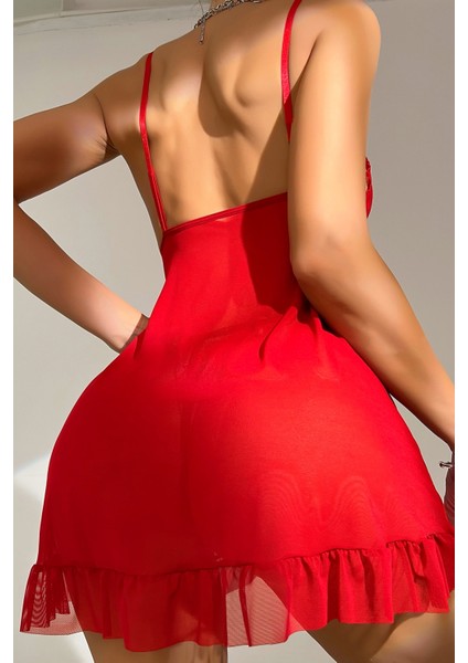 Kadın Kırmızı Dantelli, Fırfırlı Tül ve Fiyonk Detaylı Tangalı Gecelik Takımı fiyatları