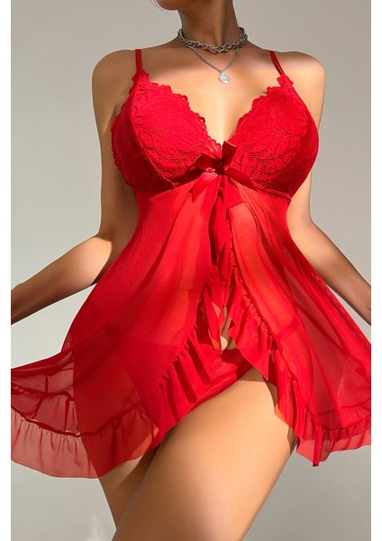 Kadın Kırmızı Dantelli, Fırfırlı Tül ve Fiyonk Detaylı Tangalı Gecelik Takımı modelleri