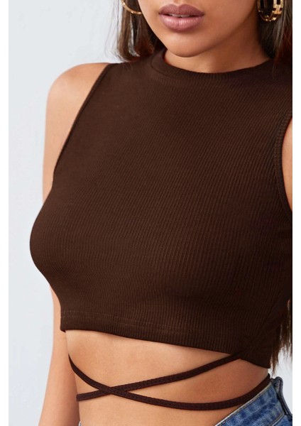 Kadın Kahverengi Çapraz Bağlamalı Crop Top Büstiyer