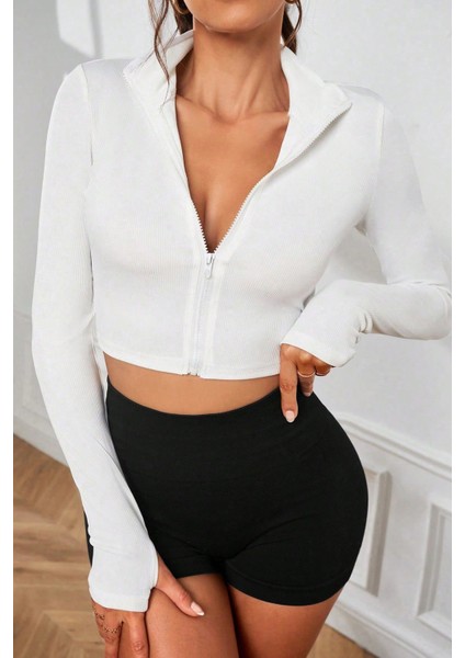 Kadın Beyaz Uzun Kol Fermuarlı Parmak Geçme Detaylı Dik Yaka Crop Top Bluz