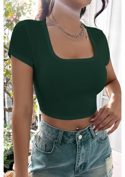 Kadın Yeşil Yarım Kol Düz Yaka Crop Top Bluz fırsatları