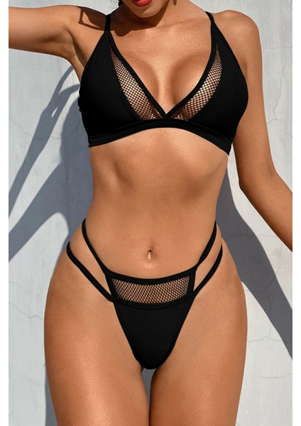 Kadın Siyah File Detaylı Özel Bikini Takımı