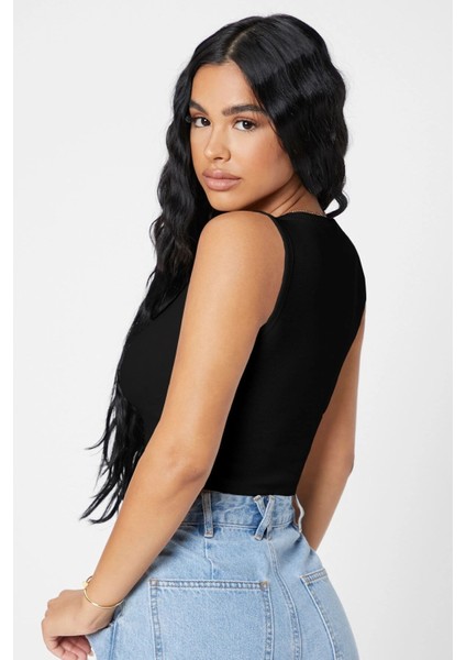 Kadın Siyah Kare Yaka Crop Top Bluz fiyatları