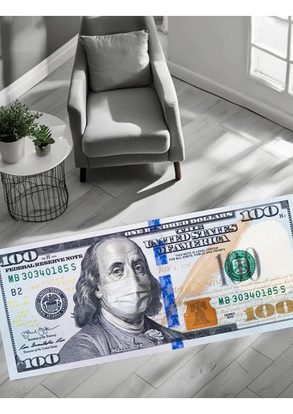 Korona Maskeli Gerçek 100 Dolar Şeklinde Halı | Süngerli Yüzey – Kaymaz Dot Taban – Yıkanabilir Tasarım